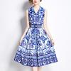 Sommer Damen Markendesigner Vintage Print Runway Kleid Ärmellos Revers Einreihig Tank Party Kleider mit Gürtel