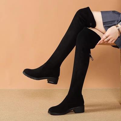 Women Boots Winter Black Over The Knee Boots 2026 New Comfort Lace Up Chunky High Heels Shoes Fashion Warm Suede Round Toe Boots