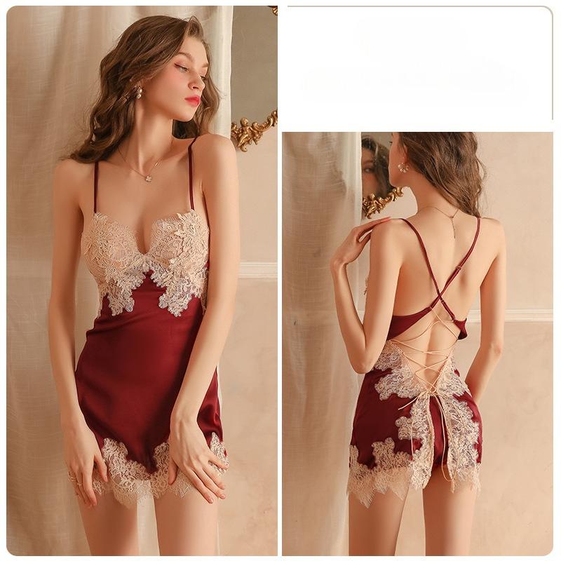 

Women’s Sexy Lace Low-Cut Nightgown Tie-Back Satin Cami Dress with T-Back Thong Set червоний