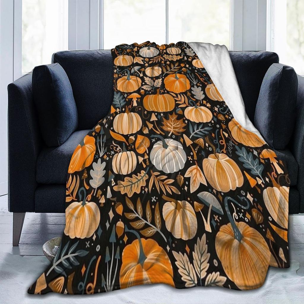 Horror Halloween Bat Pumpkin Blanket Orange Maple Leaves Camping Flannel Bedding Throws For Chair Sofa Bed Super Warm Bedspread