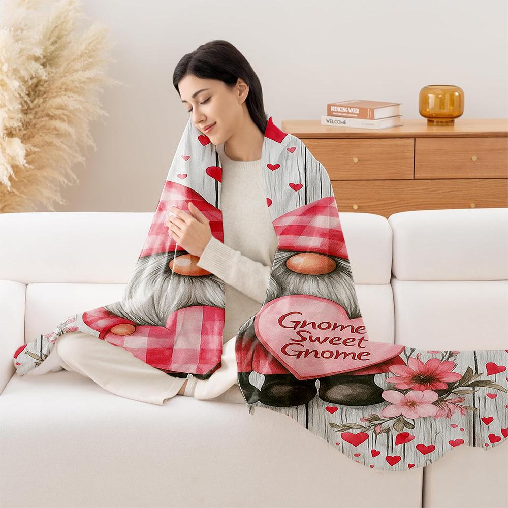 1pc Gnome Sweet Gnome Checkered Plaid Flannel Blanket - Heavyweight Quilted Bedspread with Swedish Gnome Couple & Hearts, Soft