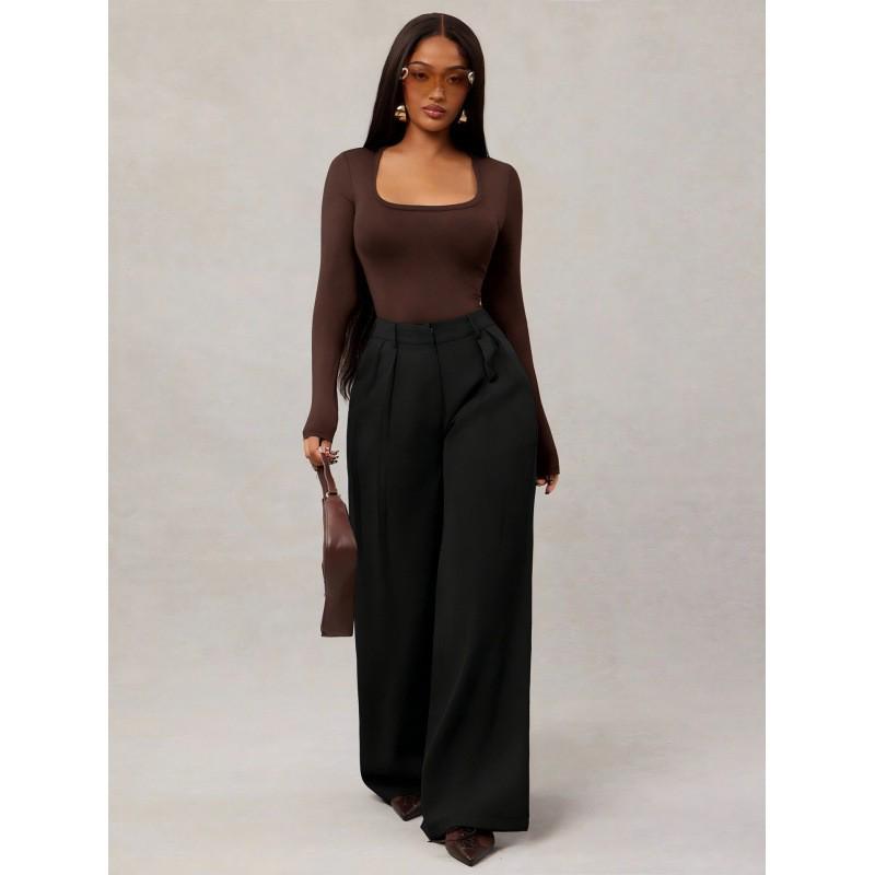 In-Stock Women's Casual Pleated High Waist Wide-Leg Long Pants for Spring and Autumn Fashion.