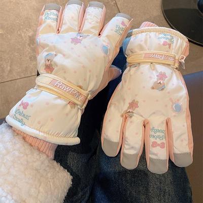 Beige Cute Bear Ski Gloves Female Korean Warm Velvet Thickened Outdoor Windproof and Cold Cycling Tide
