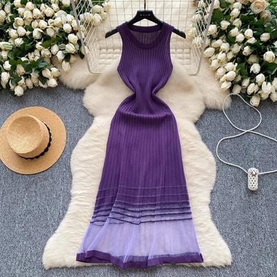 Sommer Heiß Süß O-Ausschnitt Sexy Ärmellos Schick Strickpullover Gespleißtes Mesh Slim Langes Kleid Französisch Abend High Street Damenbekleidung