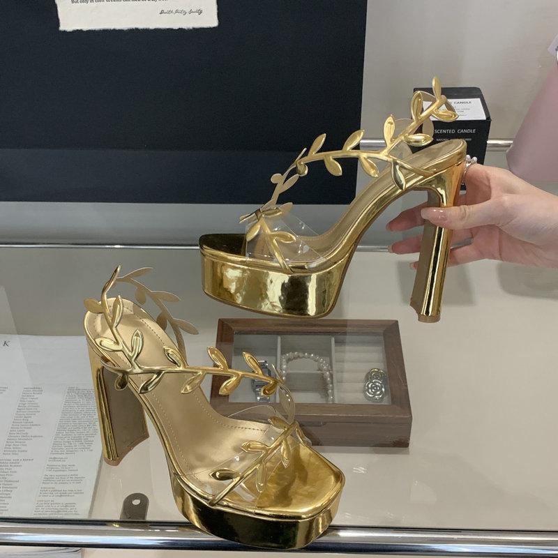 Fashion High Heels 2025 New Style Sexy Socialite Catwalk Leaf And Toe Exposed Woman Thick-Heeled Waterproof Platform Fashion Sandals