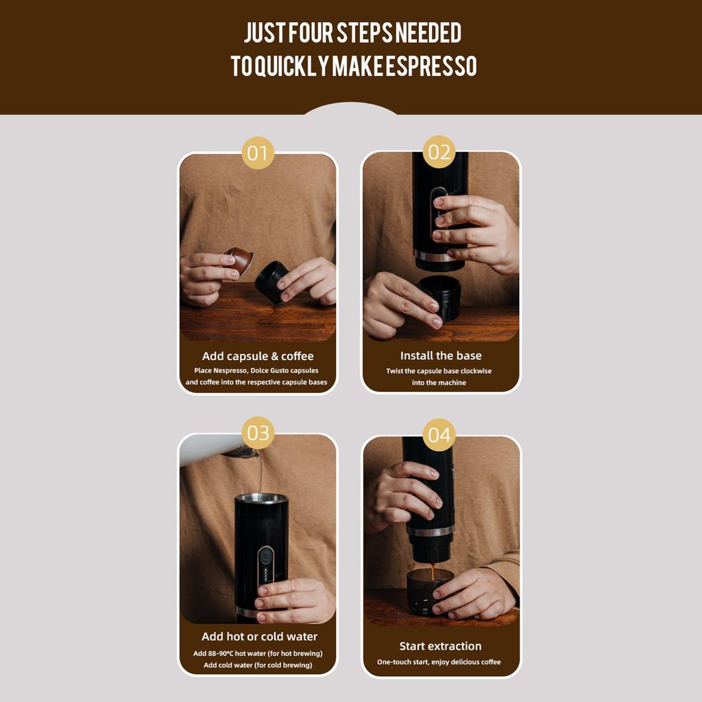 Portabel Espressomaskin, 3-i-1 Trådlös Kaffebryggare Kompatibel med Kapslar och Malet Kaffe,