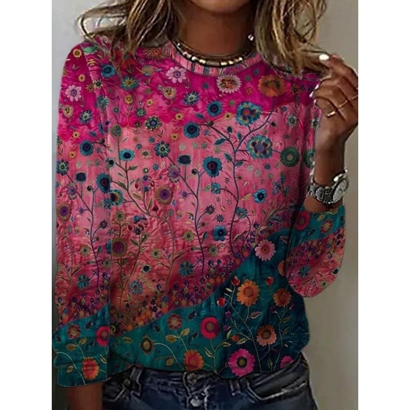 Women's T Shirt Print Floral Graphic Plants Bohemia Vintage Stylish Long Sleeve Crew Neck Regular Tops