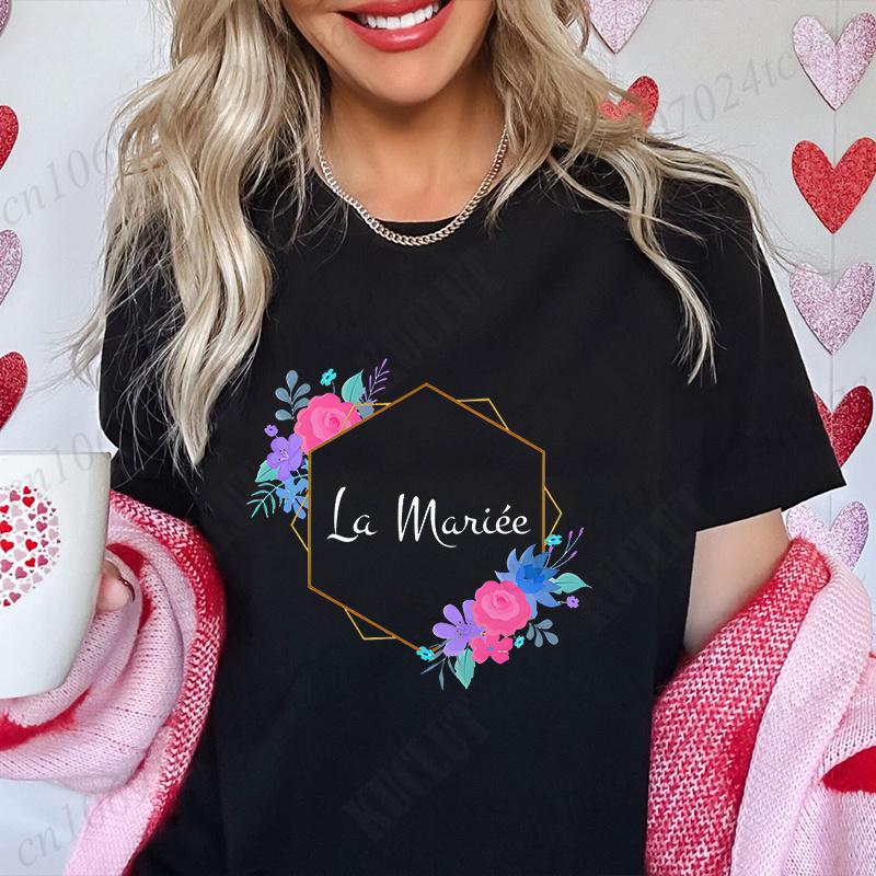French Women Bridesmaid Team Bride Tshirt Bridal Shower Wedding Tshirt Bachelorette Evjf Party Tops Flower Crown Graphic Tees