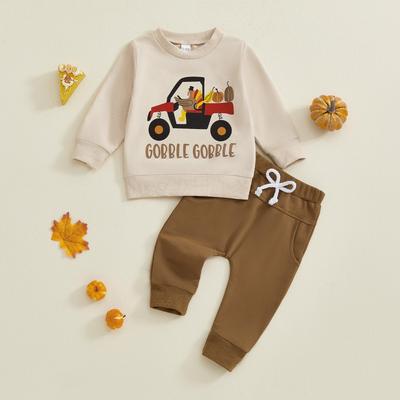 Truck Turkey Print Boys' Thanksgiving Autumn Long Sleeve Sweatshirt and Pants Set
