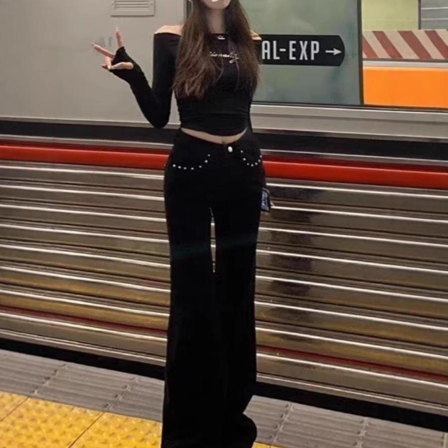 Women's Black High Waist Slimming Micro Flare Jeans - Versatile Korean Style for Spring & Autumn