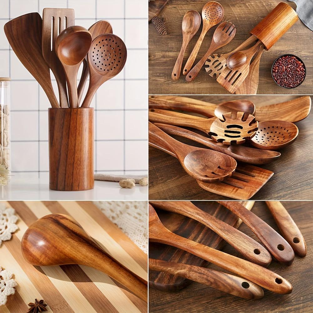 5Pieceso ng Handled Teak Tableware Wood Spoon Shovel Spatula Accessories Skimming Wooden Soup Kitchen Tool Spoon Cooking