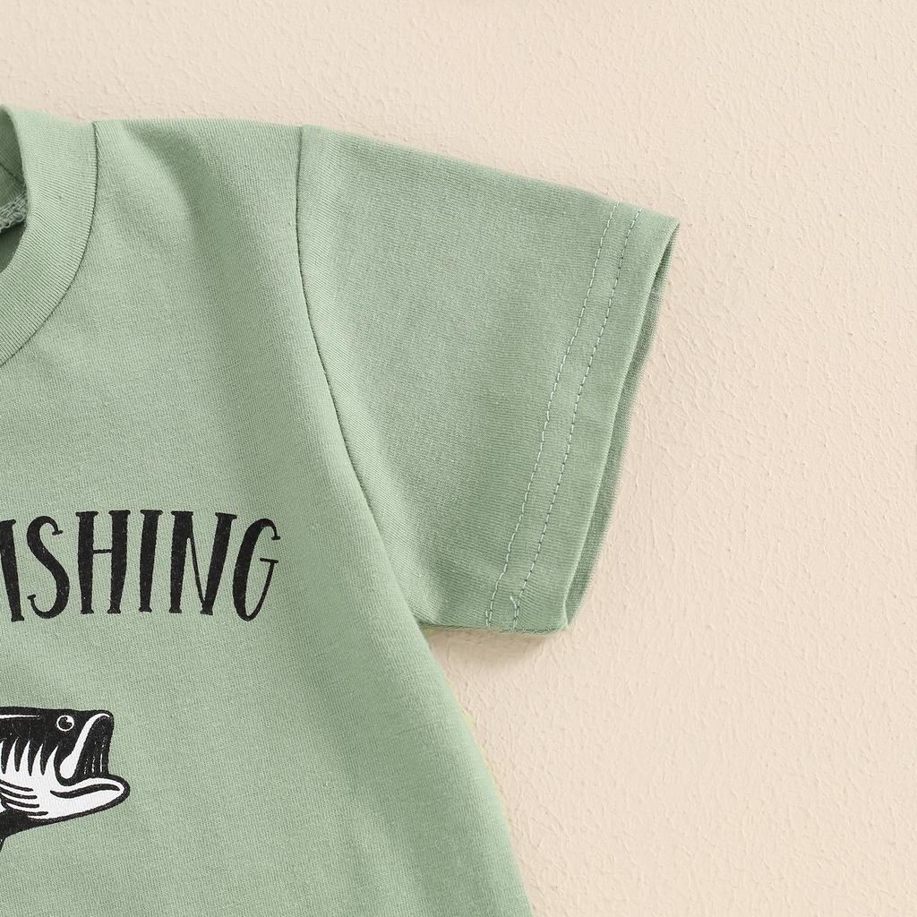 Baby Boys Summer Outfits Letter Print Short Sleeves T-Shirt and Elastic Fish Print Shorts Set for 2 Piece Clothes Set