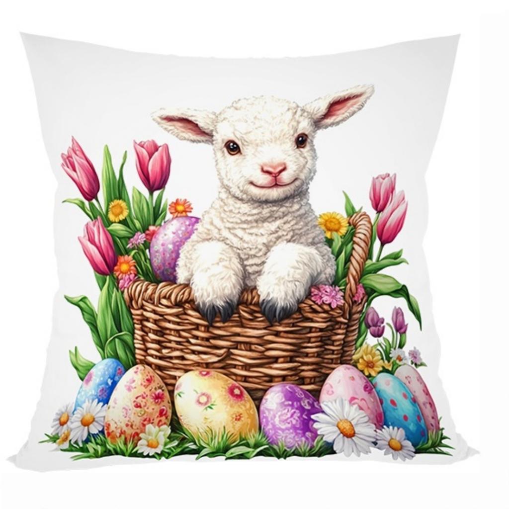Cute Easter Animal Theme Pillow Cover Bunny Lamb Design Double Sided Print For All Season Home Decor Polyester Fabric