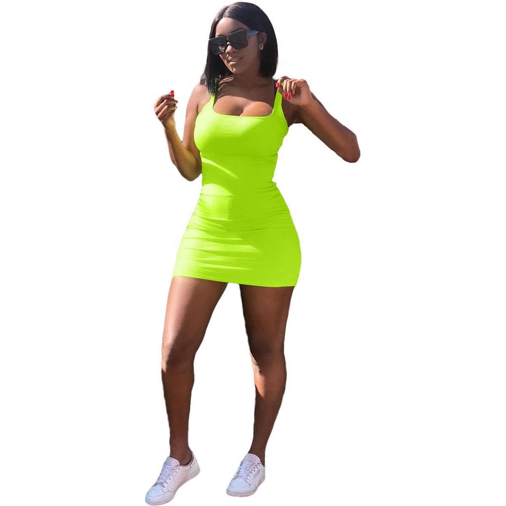 European & American Style Women's Solid Color U-Neck Dungaree Suspender Dress