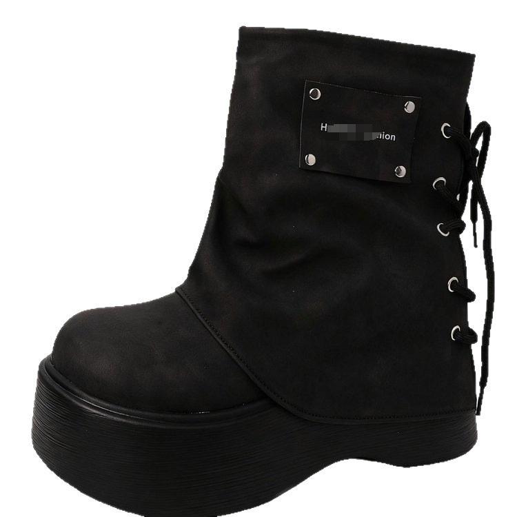 Retro Rear Lace-up Slim Thick-soled Short Boots Women's 2025 New Flow Versatile Big-head Trouser Boots Martin Boots Knight Boots