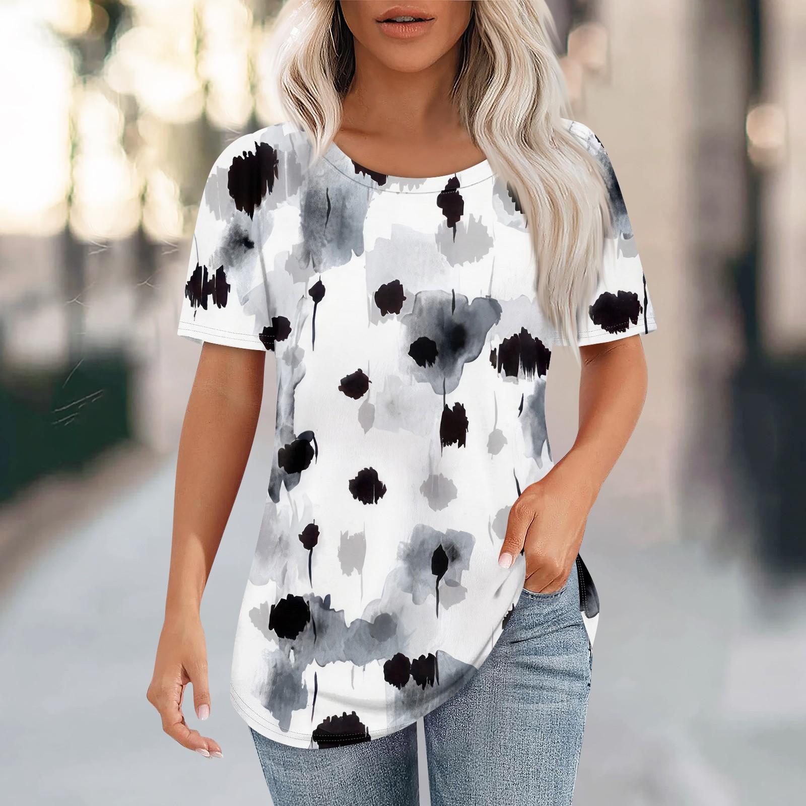 

Футболки для жінок плісировані з круглим вирізом Одягнені повсякденні блузки з принтом з короткими рукавами Літні топи вільного крою XL білий