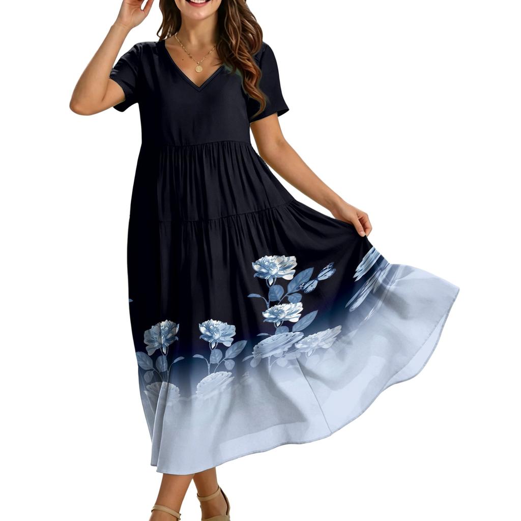 Women’s Short Sleeve V Neck Casual Loose Fit Maxi Dress with Geometric Print and Tiered Skirt for Daily Wear