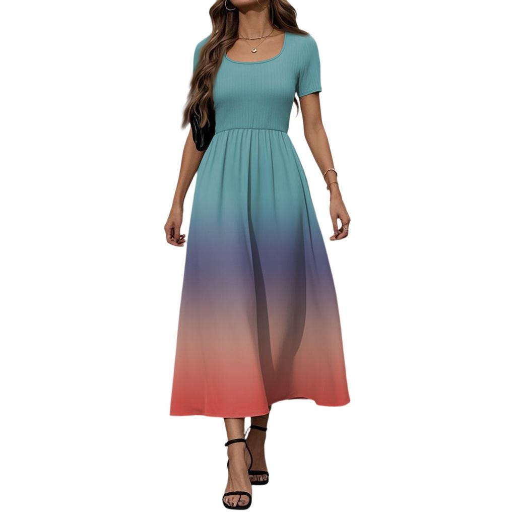 Women's Fashion Casual Short Sleeve Round Neck Splicing Gradient Elegant Temperament Dress