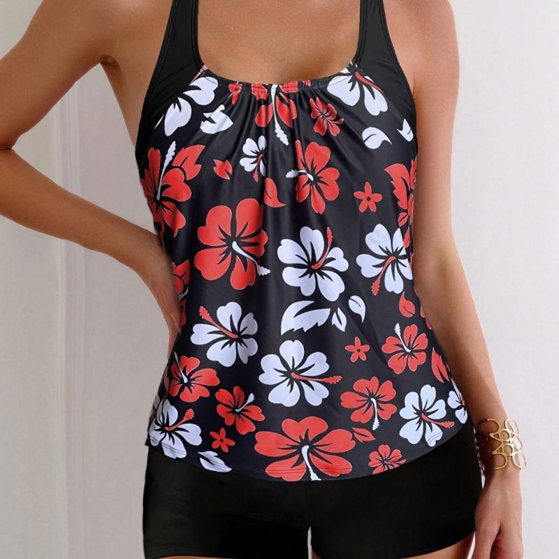 New Split Swimsuit Women's Printed Boxer Shorts Set with High Waisted Print