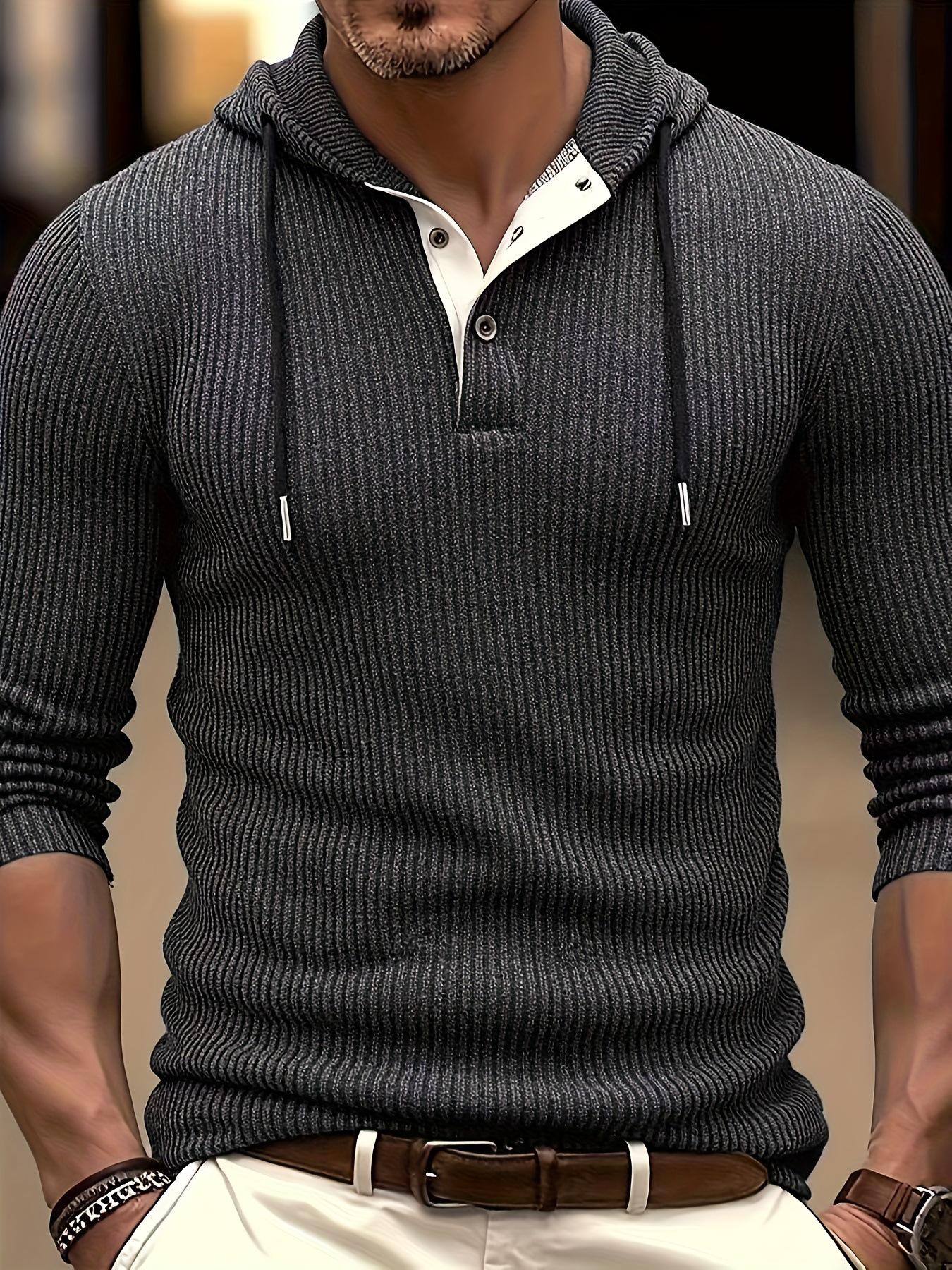 2025 Men s Two-Tone Ribbed Long Sleeve Color Block Hooded Sweatshirt for Casual Outdoor Sports in Europe’s Autumn/Winter. L серый