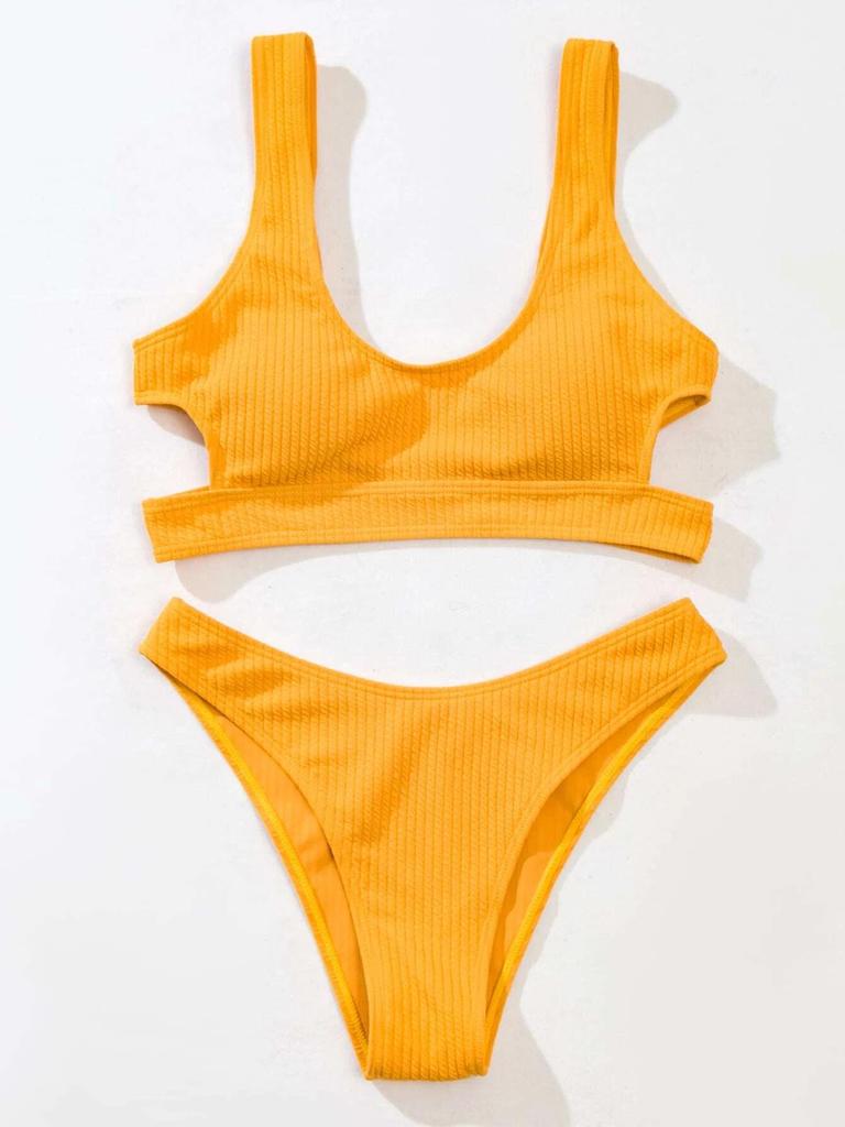 European-American Two-Piece Bikini: Women's Sexy Solid Color Swimsuit with Special Fabric