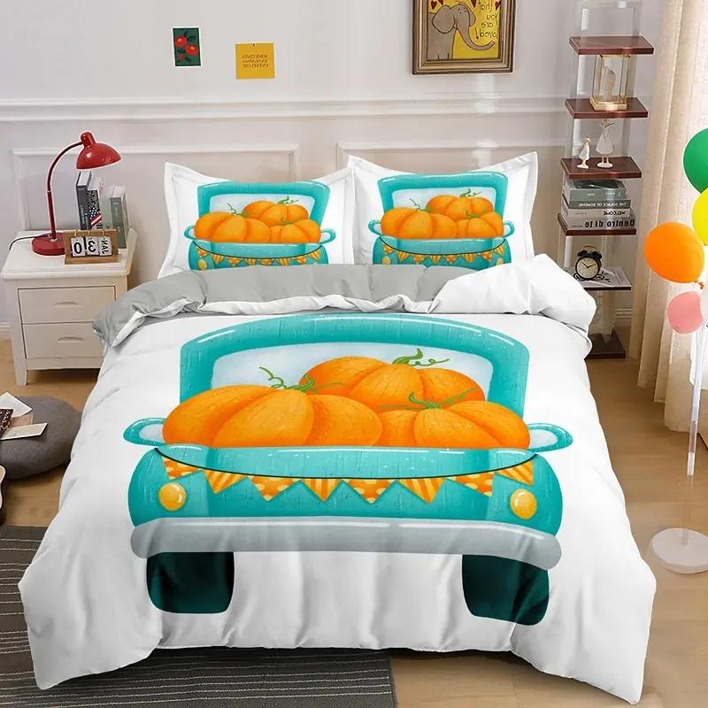 Autumn Pumpkin Truck Bedding Set Boys Girls Twin Queen Size Happy Fall Thanksgiving Duvet Cover Pillowcase Bed Kids Adult