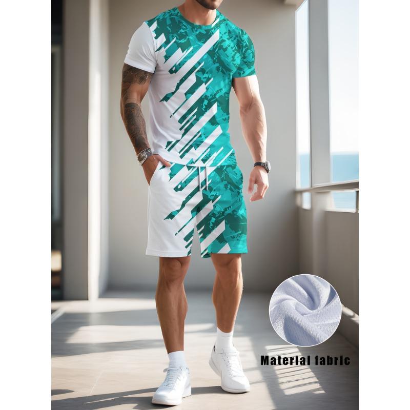 

Мужской повседневный комплект из 2 предметов: Футболка с полосатым узором, напечатанным методом 3D, и шорты на завязках S