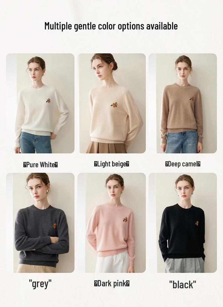 Women's 100% Pure Cashmere Embroidered Round Neck Sweater - Loose Fit Knitwear for Autumn & Winter
