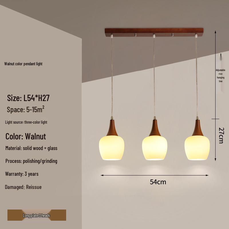 Modern Solid Wood Pendant Lamp with Three Heads, Walnut Finish, Japanese Style for Dining Rooms and Bars.