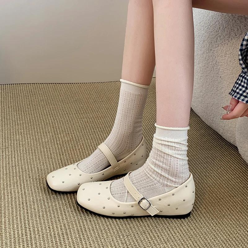 New Spring 2025 Fashion Women's Shoes Round Toe Shoeslong Socks Leather Shoes Riveted Buckles Mary Jane Women's Shoes