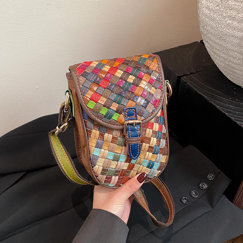 Fashion Leather Cowhide Mobile Phone Bag Color Rhombus Splicing Hand-woven Shoulder Mini Messenger Women's Bag