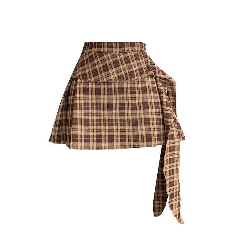 Trendy High Waist Brown Plaid Pleated Mini Skirt Comfort Regular Waist Skirt High Waist Plaid Pleated Skirt Preppy Style Bow Skirt