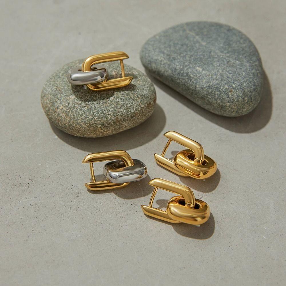 Oval Shape Gold Plating Earrings Copper Base U-Shaped Earrings Drop Earrings  Patchwork Design