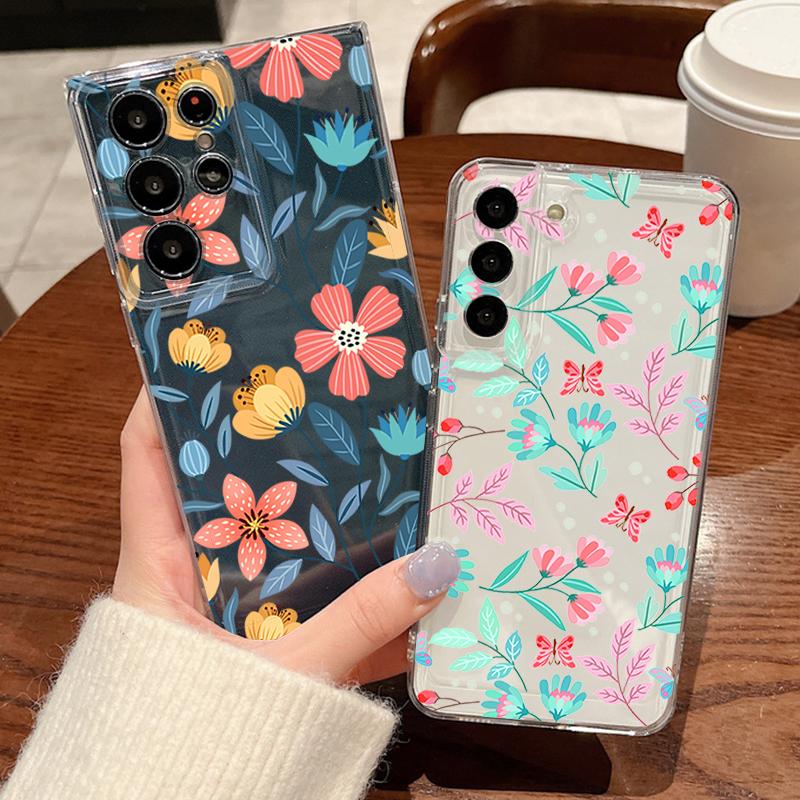 Flower Leaf Patterned Phone Case For Samsung Galaxy S26 S25 S24 S23 Ultra S22 Plus S24 S21 FE S25 Edge Clear Silicone Soft Cover