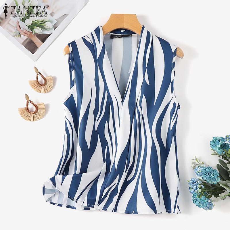 

ZANZEA Женская летняя повседневная блузка без рукавов с v-образным вырезом и принтом