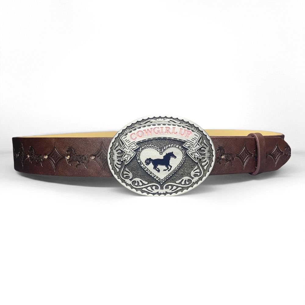 Cinturón Floral en Relieve de Marca de Moda COWGIRL UP Hebilla de Corazón Caballo Cinturilla para Mujeres Spice Girls