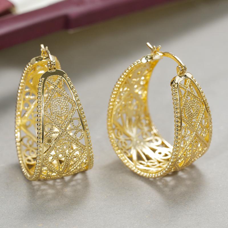 

Huitan Boho Gold Brass Filigree Hyperbole Hoop Earrings for Women Vintage Hollow Out Dangle Earrings Accessories Gift for Her