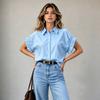 Women Ruffled Short Sleeve Loose Fit Shirt Button Down Collared Blouse Casual Lightweight Top for Daily Wear