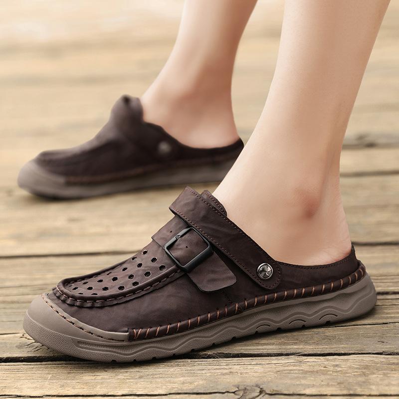 Sports Beach Shoes Men's Outdoor Soft Soled Leather Sandals Men's Solid Color Fashion Designer Shoes Men's Versatile Slippers
