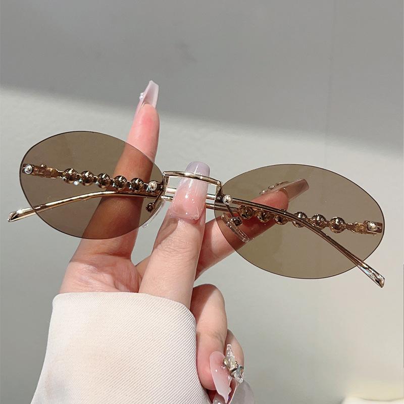 Vintage Rimless Oval Sunglasses Women For Men Luxury Brand Designer Sun Glasses Punk Popular Pearl Metal Eyeglasses Uv400