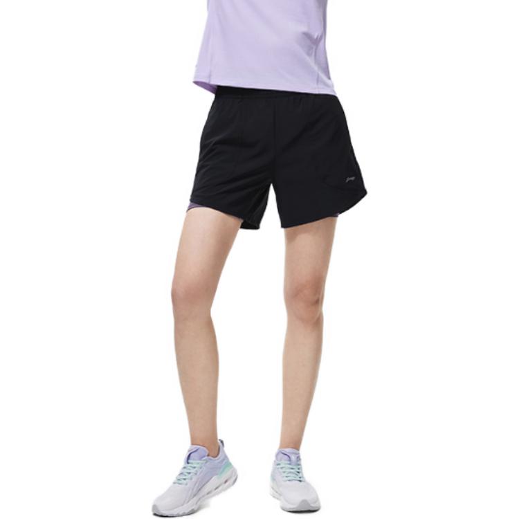 Li Ning Laufserie Logo-Print Einfarbig Elastische Fitness-Shorts Damen Shorts Schwarz AKST264-4