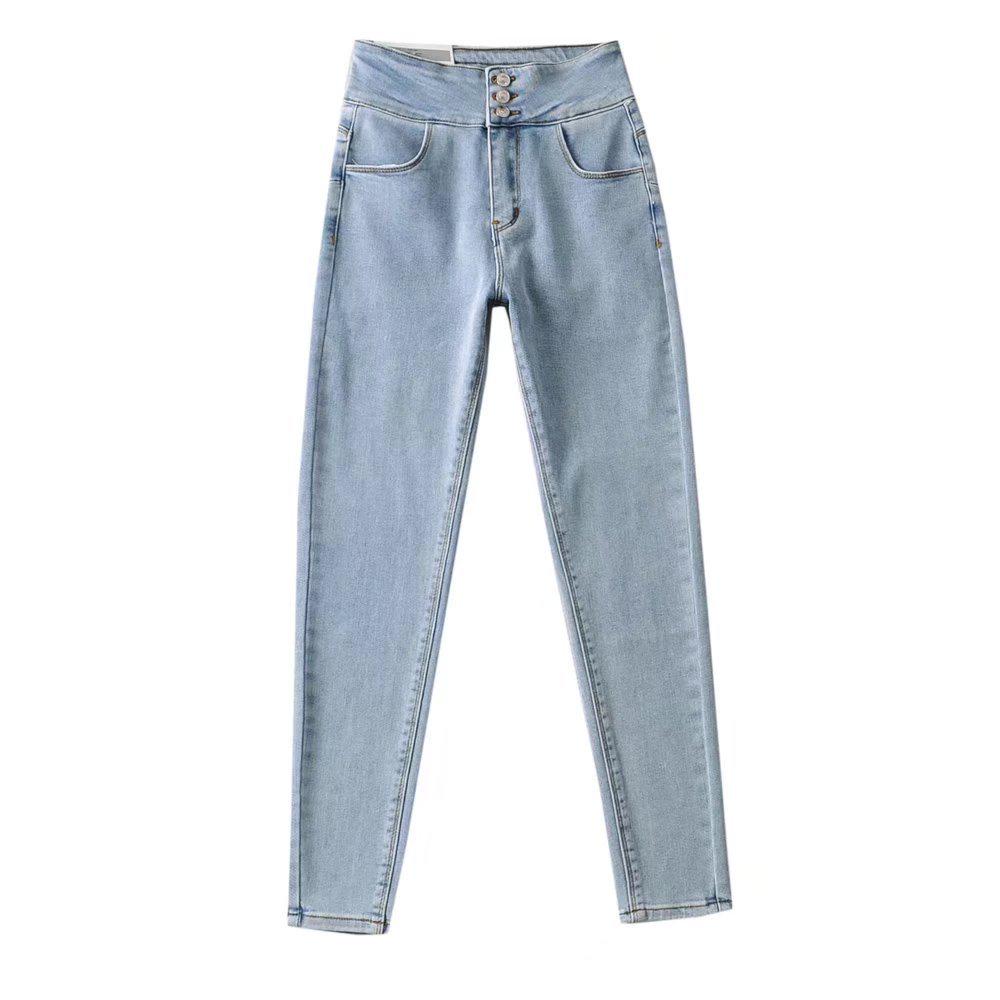 

YPFF Women’s High-Waisted Elastic Multi-Button Peach Hip Slim Pencil Jeans for Autumn and Winter Small светло-синий