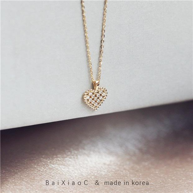 14K Gold Plated Small Heart Necklace for Women with S925 Silver Clavicle Chain White Gold (Silver White)