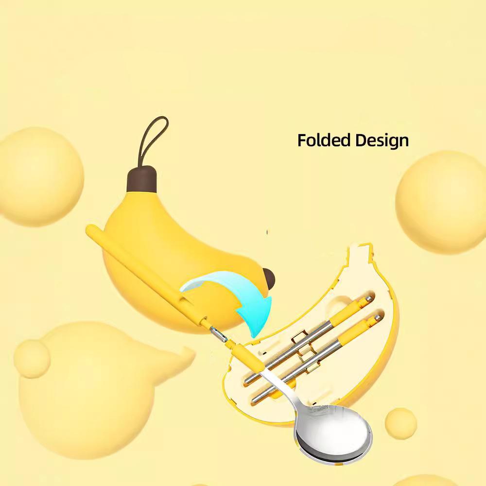 Cartoon Banana Portable Cutlery Spoon Chopsticks Serving Dinner Set 304 Stainless Steel Folding Cutlery