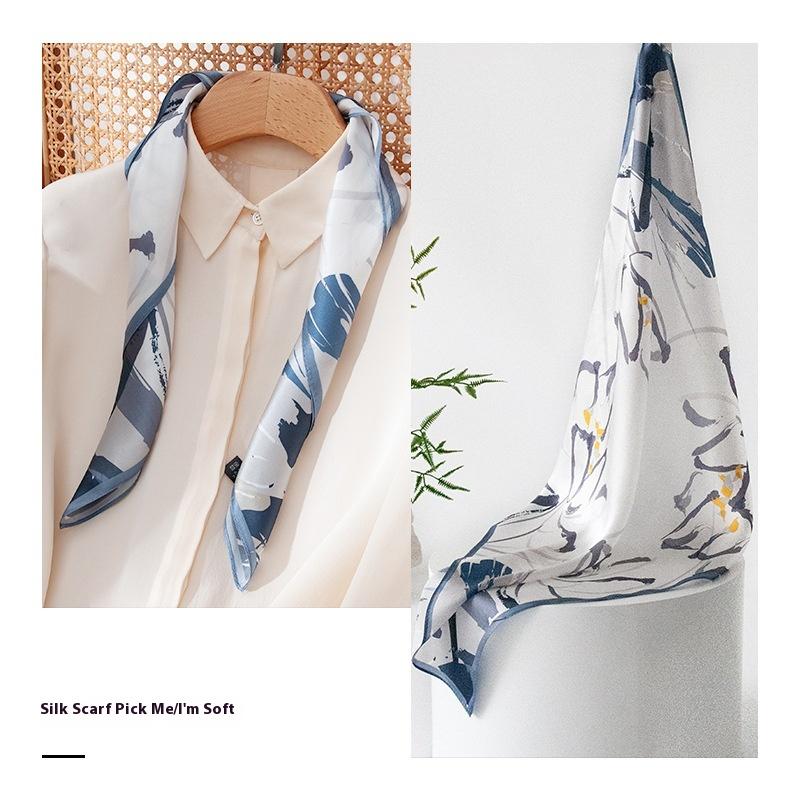 53Cm satin blue printed silk neck small square scarf 100 mulberry silk scarf OL versatile  new silk scarf