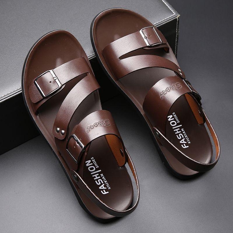 Men Black Leather Sandals Summer Brown Outdoor Hiking Sandals Wide Head Beach Shoes for Father Over Sized