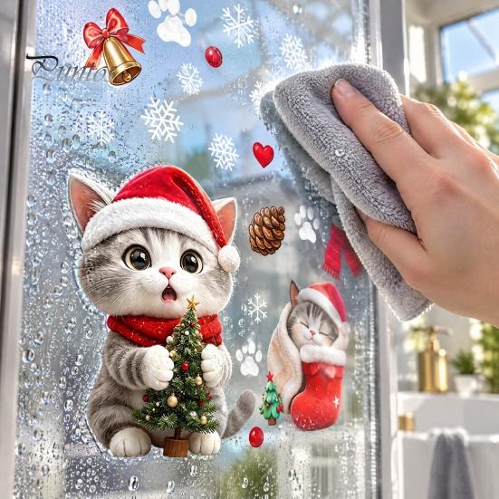 Creative Christmas Gift for Kids Cute Cat Static Glass Sticker, Waterproof PVC Window Decal Holiday Decoration, Home Decor Ornaments Removable