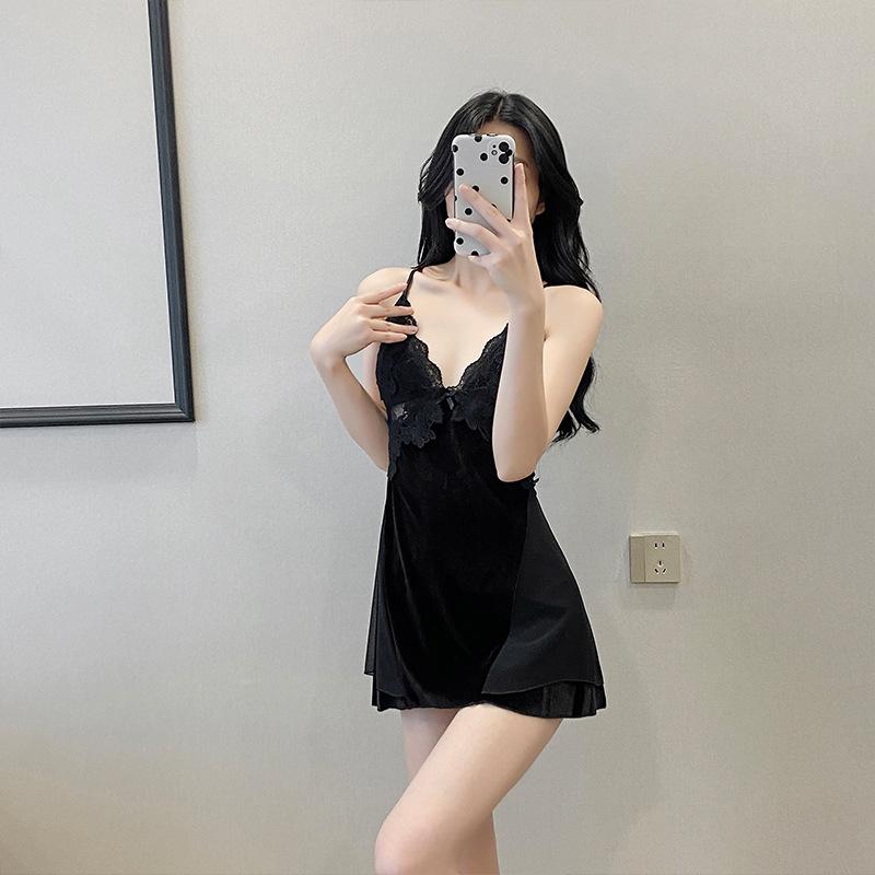 Summer deep V backless pure desire suspender skirt robe set, golden velvet soft loungewear skin-friendly sexy pajamas