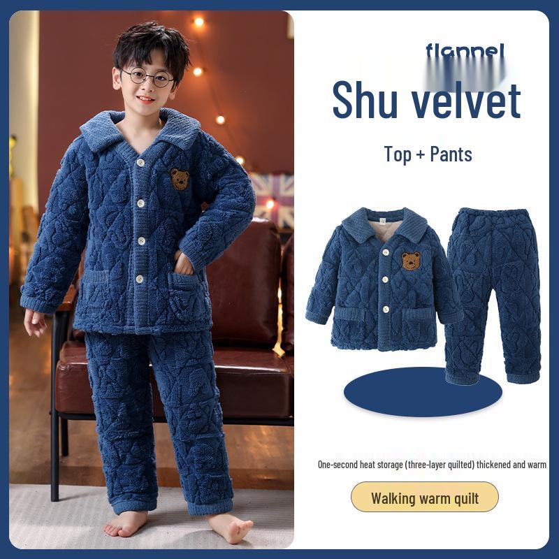 Winter Kids' Flannel Pajamas: Boys & Girls Coral Fleece, Velvet-Lined, Three-Layer Quilted Parent-Child Sleepwear