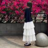Women's Spring Balletcore Sweet White Lace-Trimmed Chiffon Tiered Puffy Maxi Skirt - High-Waist Tutu Style Half Skirt